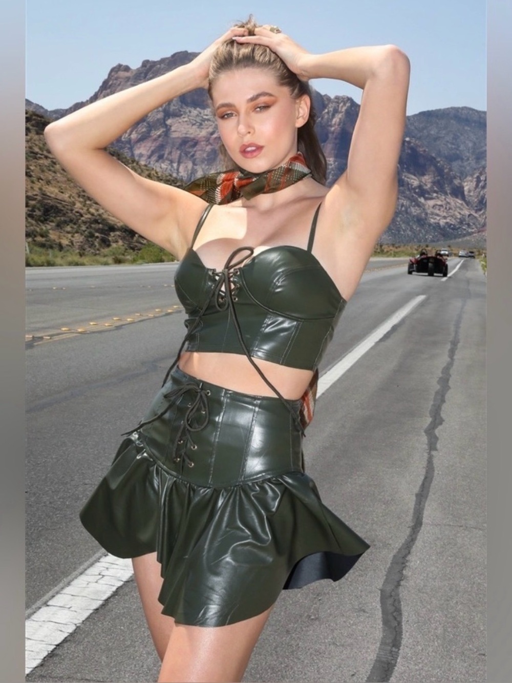 Olive faux leather lace up fairy core bustier top corset ruffle skirt set NWT